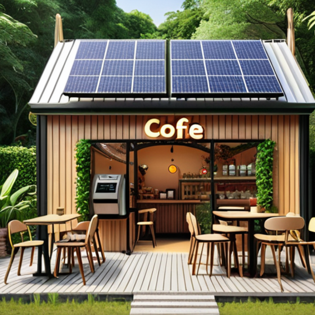 A cozy micro-franchise cafe with solar panels on the roof, serving organic coffee in reusable cups, surrounded by lush greenery, promoting eco-friendly practices.
