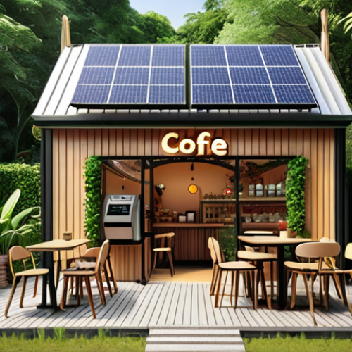 Home 15 A cozy micro-franchise cafe with solar panels on the roof, serving organic coffee in reusable cups, surrounded by lush greenery, promoting eco-friendly practices.