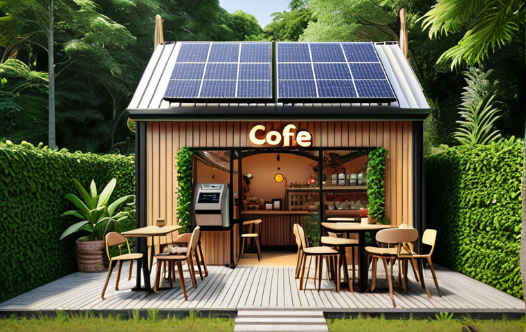 A cozy micro-franchise cafe with solar panels on the roof, serving organic coffee in reusable cups, surrounded by lush greenery, promoting eco-friendly practices.